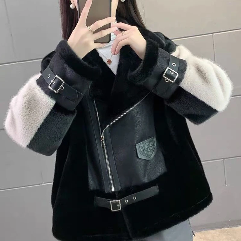 Neue Herbst Winter Pelz Einem Motorrad Kurze Jacke Outwear frauen Nähte Kontrast Farbe Europäischen Nerz Fleece Motorrad Mantel Image