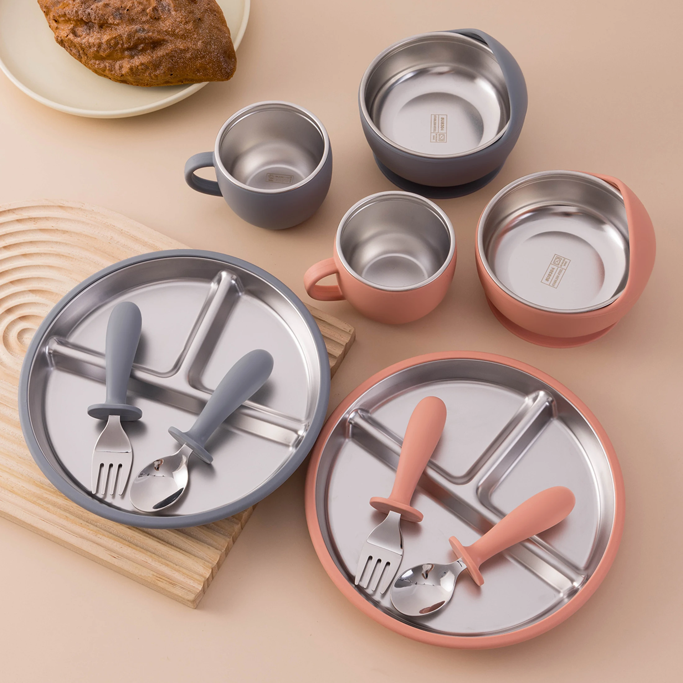 5PCS Edelstahl Gerichte Platte Baby Fütterung Set Mit Abnehmbaren Silikon Sauger Schüssel BPA FREI Infant Gabel Löffel Tasse geschenke Image