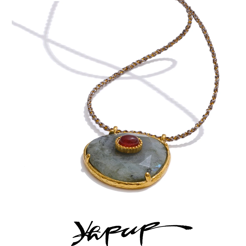 Yhpup Halskette mit ovalem Anhänger aus natürlichem Spektrolith-Achat-Stein für Damen, goldener Edelstahl, exquisiter Modeschmuck, Geschenk Image