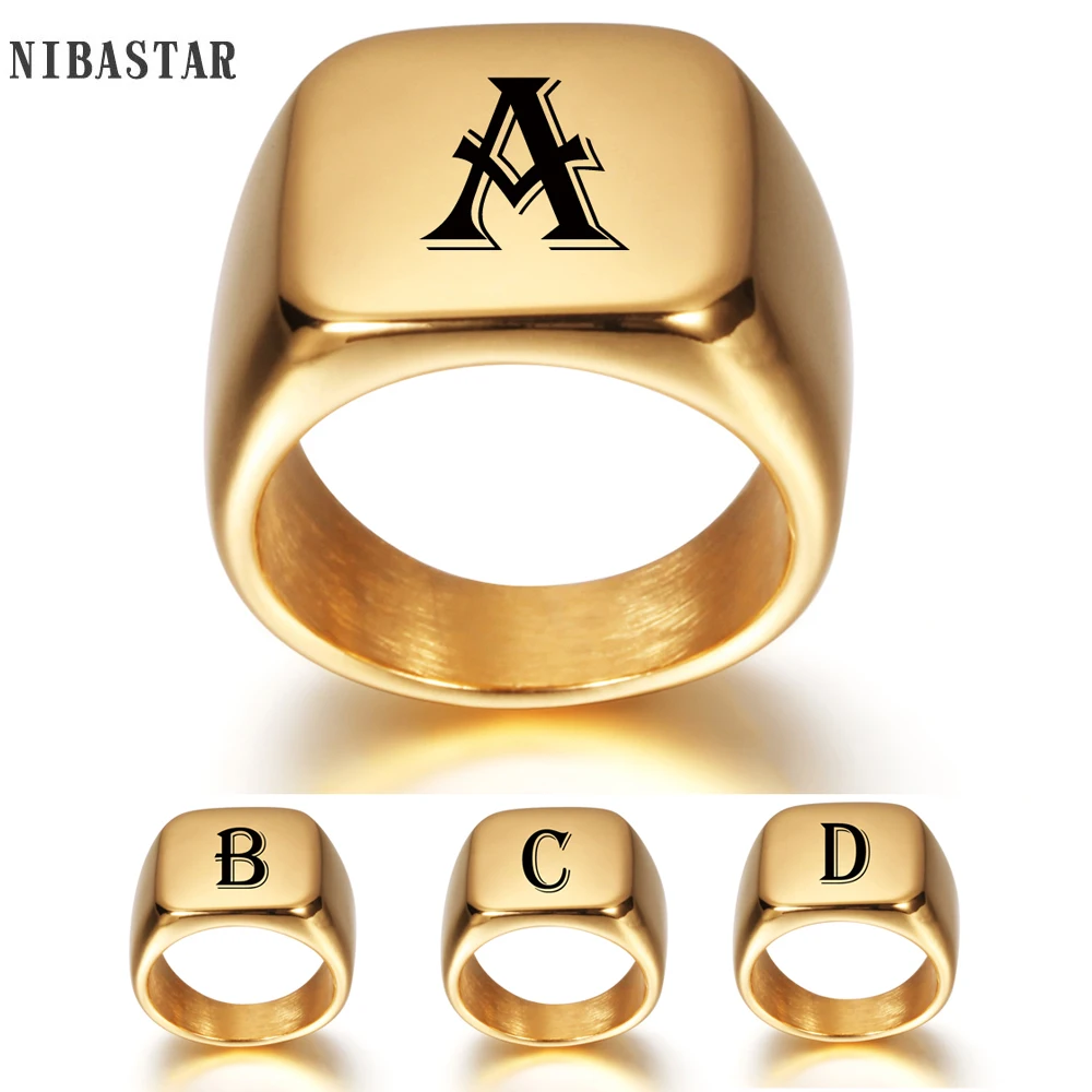 Personalisierte Initialgravur A bis Z Alphabet Edelstahl Signet Blank Plain Ring Band Hochglanzpoliertes Gold Farbton US-Größe