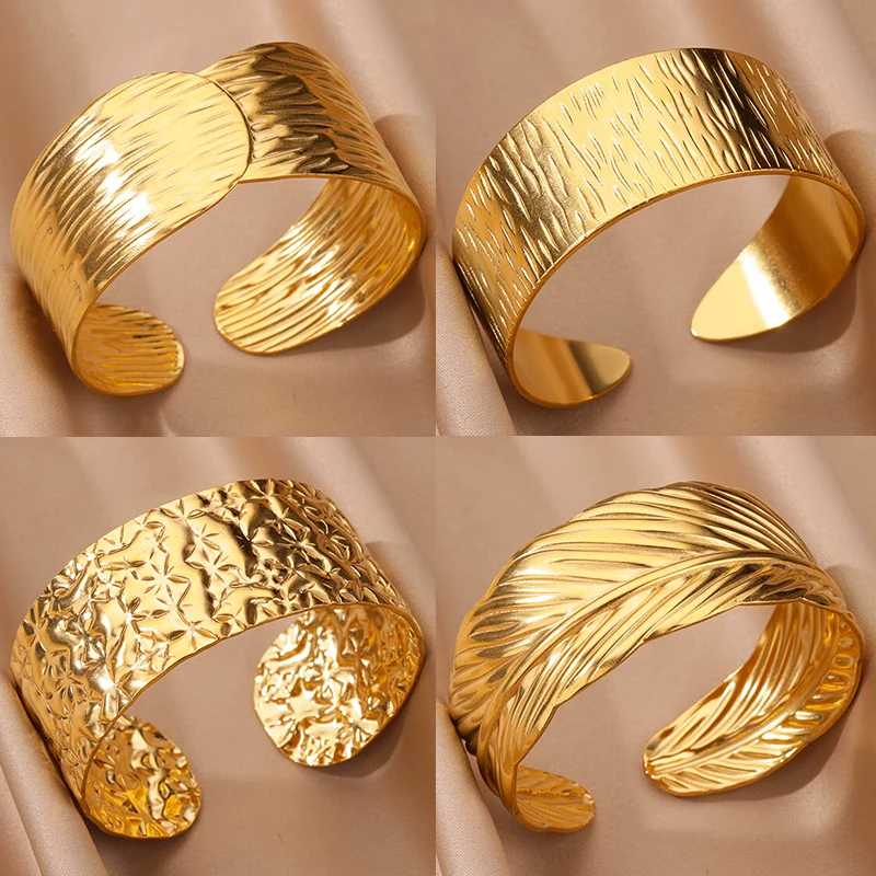 Edelstahl Breite Armreifen für Frauen Luxus Gold Farbe Offene Chunky Manschette Armreif Armband femme Vintage Hochzeit Schmuck Geschenk Image