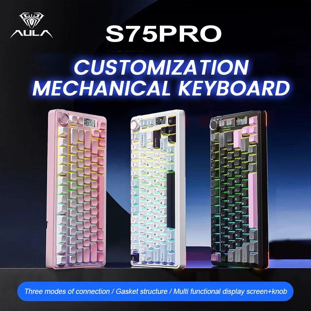 AULA S75 Pro Gaming Mechanische Tastatur, 75 % Hot-Swap-fähige RGB-Hintergrundbeleuchtung, 4000 mAh, PBT-Tastenkappen, kabellose Tastatur mit LED-Bildschirmknopf Image
