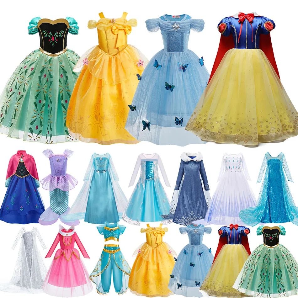 Prinzessin Kleid für Mädchen Elsa Anna Cosplay Kostüm Kinder Jasmine Belle Cinderella Aurora Halloween Weihnachten Party Elegantes Kleid