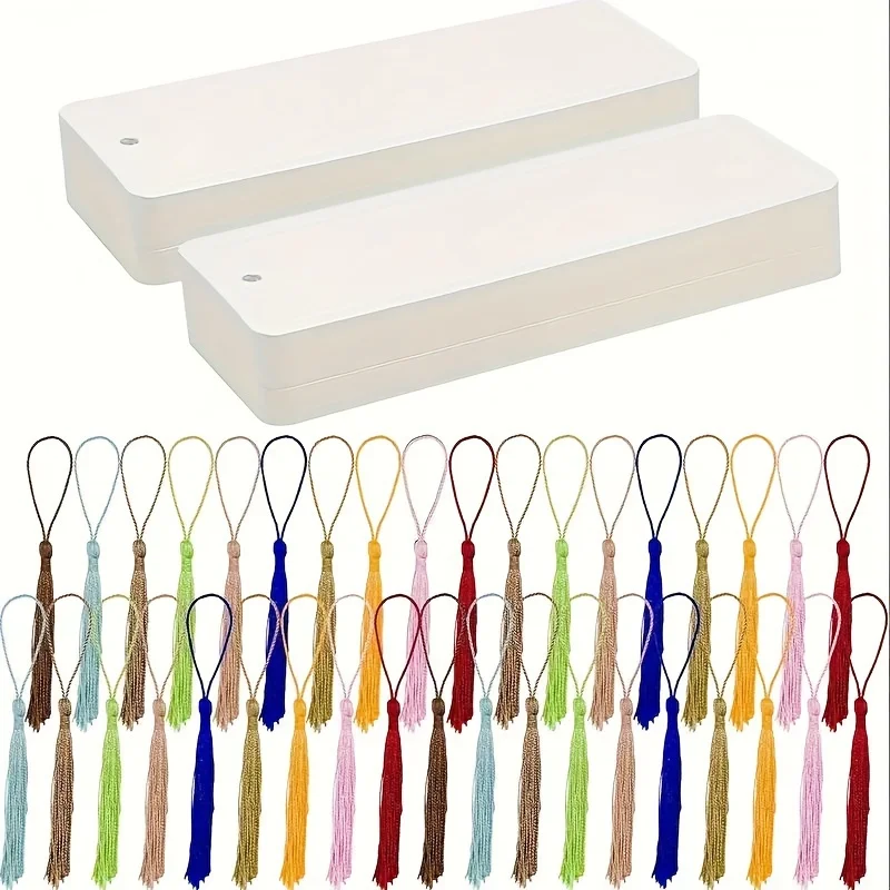 60 Stück (30 Quasten und 30 Lesezeichen) handbemalte leere Lesezeichen und bunte Quasten – DIY-Geschenk-Bastelzubehör, Papier-Lesezeichen, weißer Karton, handbemalte Lesezeichen, Geschenkverpackung, Tasche, hängendes Zeichenpapier Image