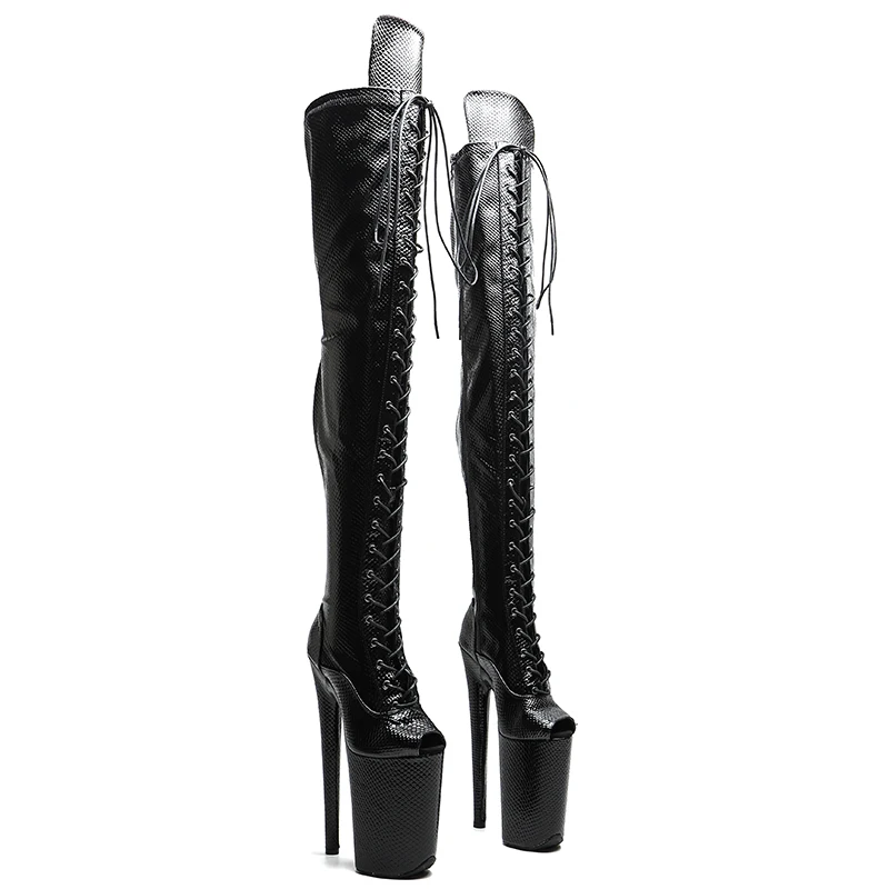 Leecabe 23 cm/9 Zoll Schlangen-PU-Obermaterial mit offener Spitze, modischer Trend-Plattform, hoher Absatz, Stripper-Absatz, Pole-Dance-Stiefel Image