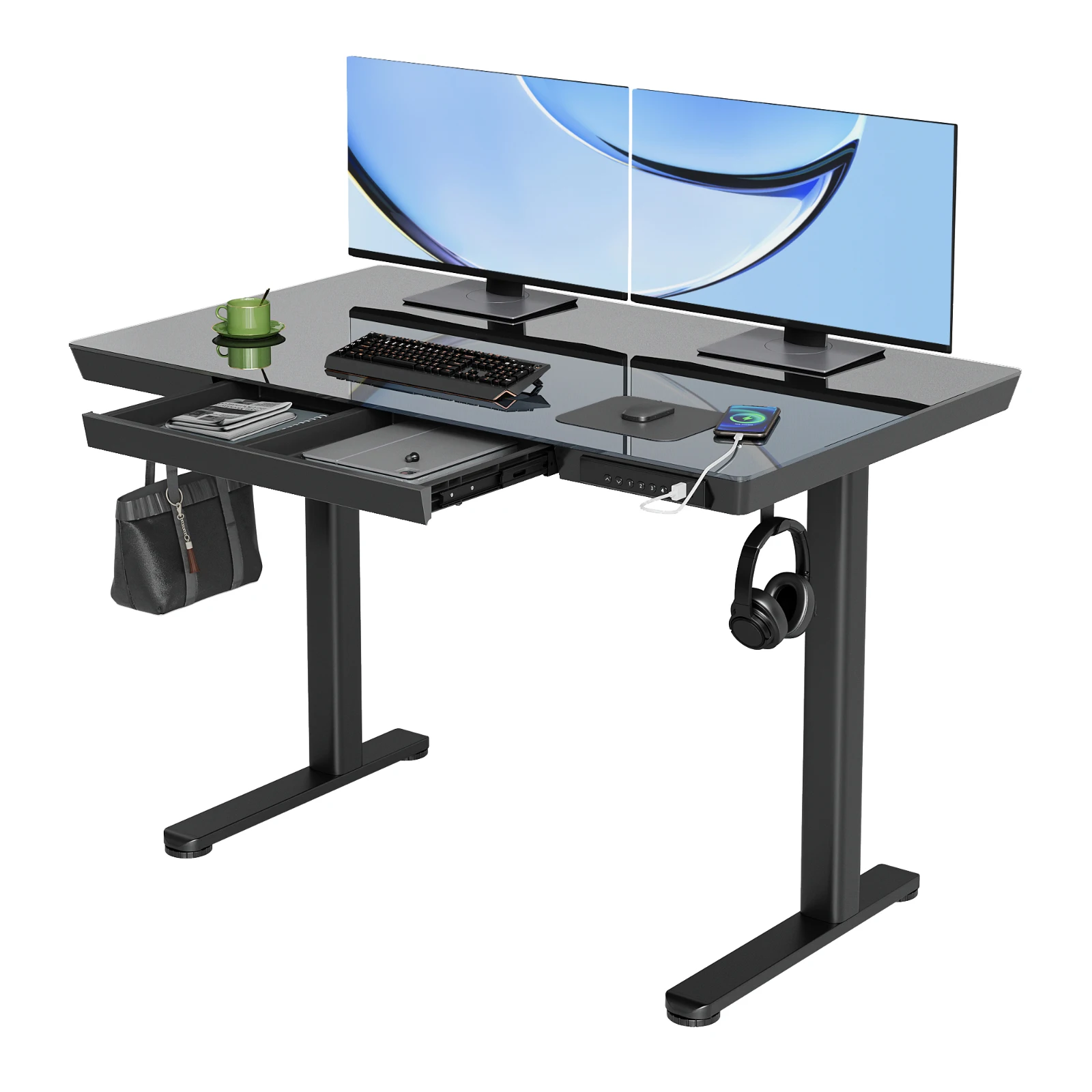 Seang Glas Elektrischer Höhenverstellbarer Schreibtisch Steh-Sitz-Schreibtisch mit robuster Glasplatte Image