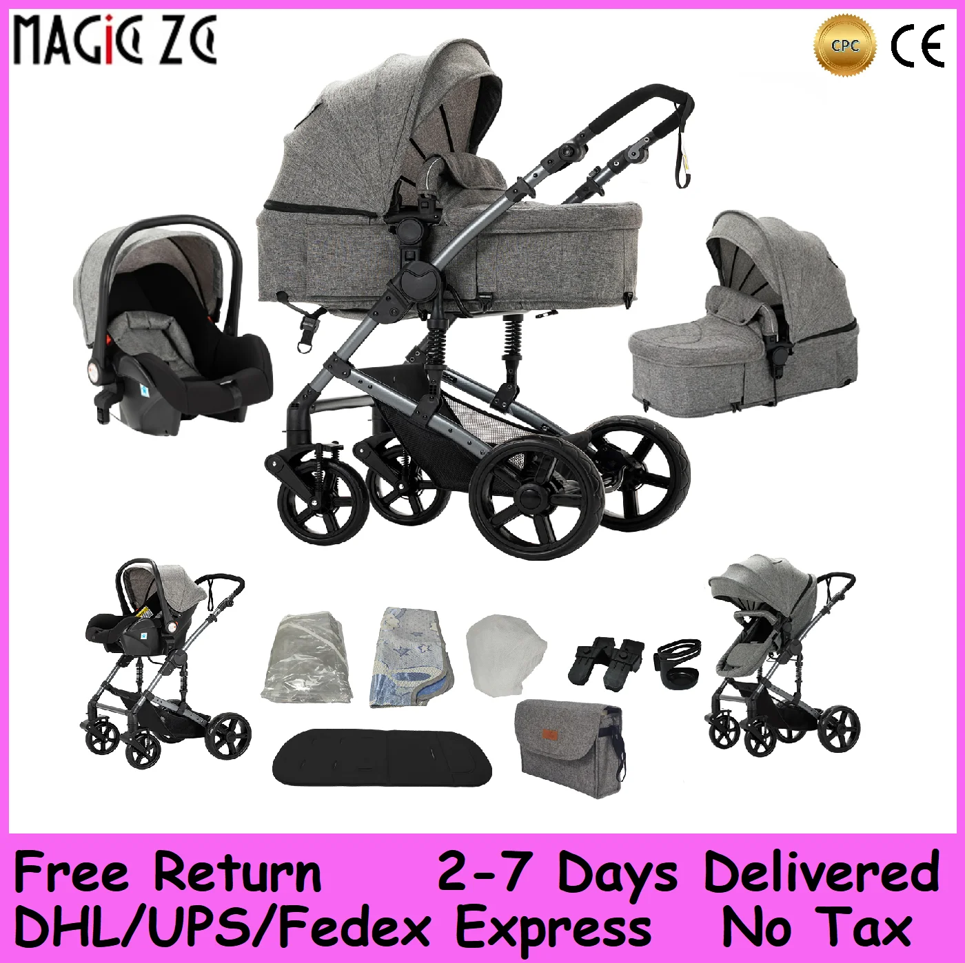 3-in-1 Kinderwagen, Faltbar mit EVA-Rädern & Fußbremse, 135 ° -180 ° Verstellbare Rückenlehne, inklusive 6 Zubehörteilen Image