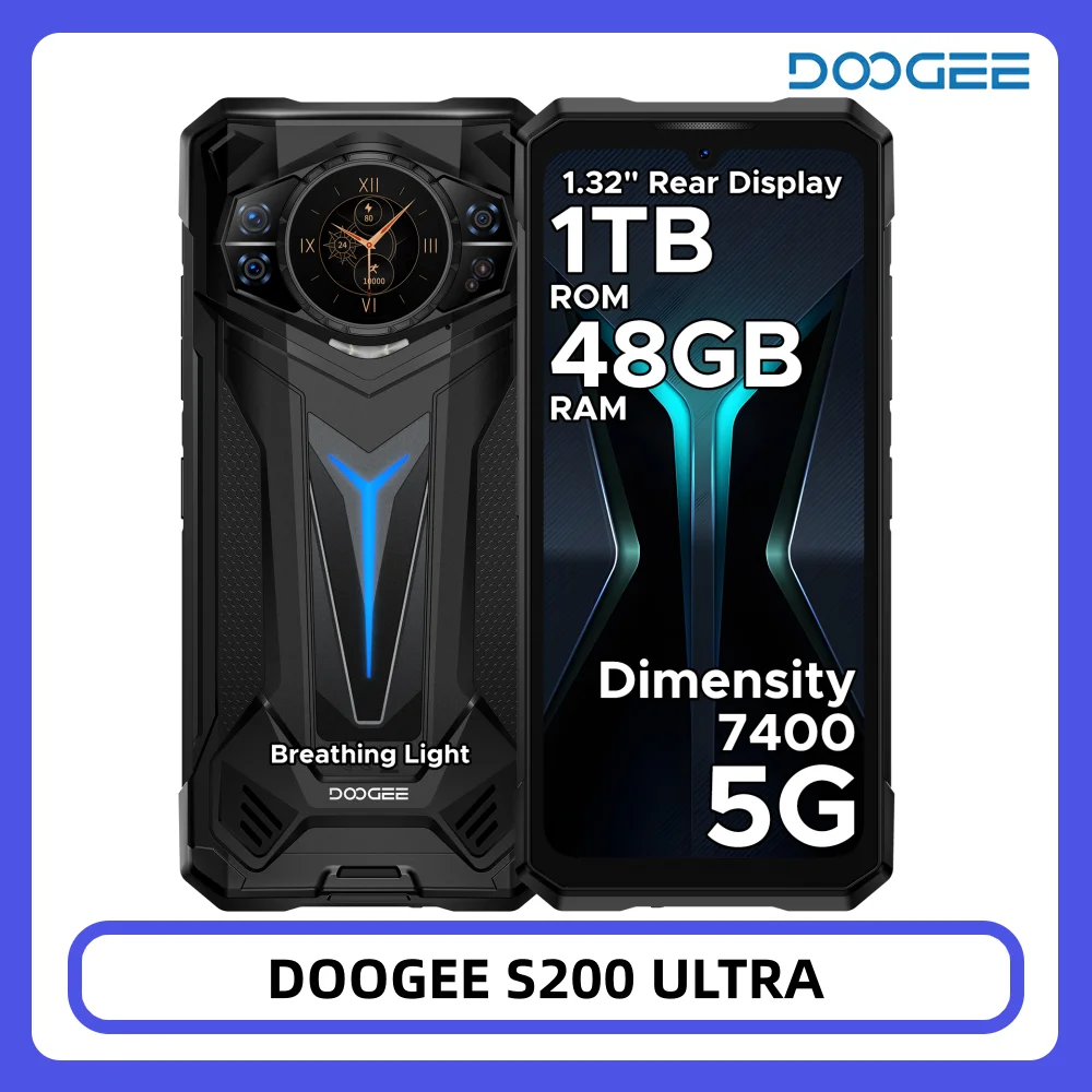 Robustes DOOGEE S200 Ultra 5G-Telefon, 48 GB, 1 TB, Lichteffekt, 1,34 Zoll, Heckdisplay, Abmessung 7400, 11000 mAh, 66 W, NFC, WiFi6E-Smartphone Image