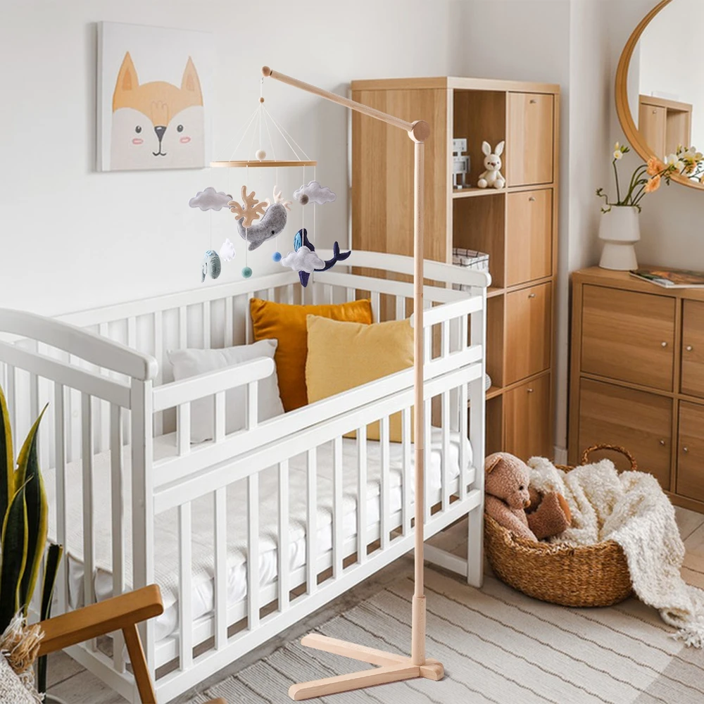 Mobiles Bett aus Holz, Glockenhalterung, verstellbarer Bodenständer in der Höhe, Babybett mit Musikspielzeug, beruhigendes Rasselspielzeug für Babys Image