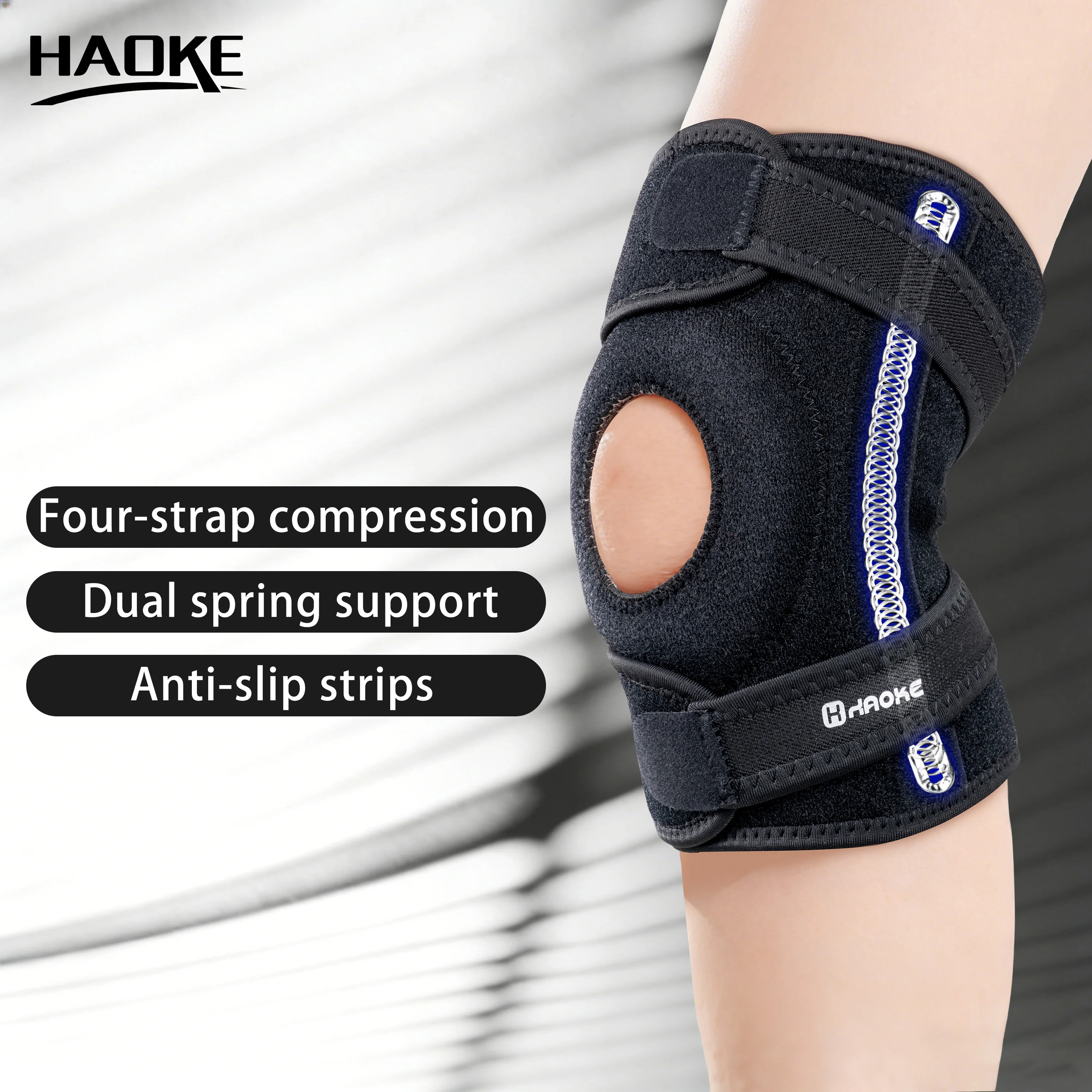 HAOKE Kniebandage mit Doppel-Federstabilisatoren & 4 Verstellbaren Gurten, Offene Patella-Kompressionsstütze mit Anti-Rutsch-Streifen Image