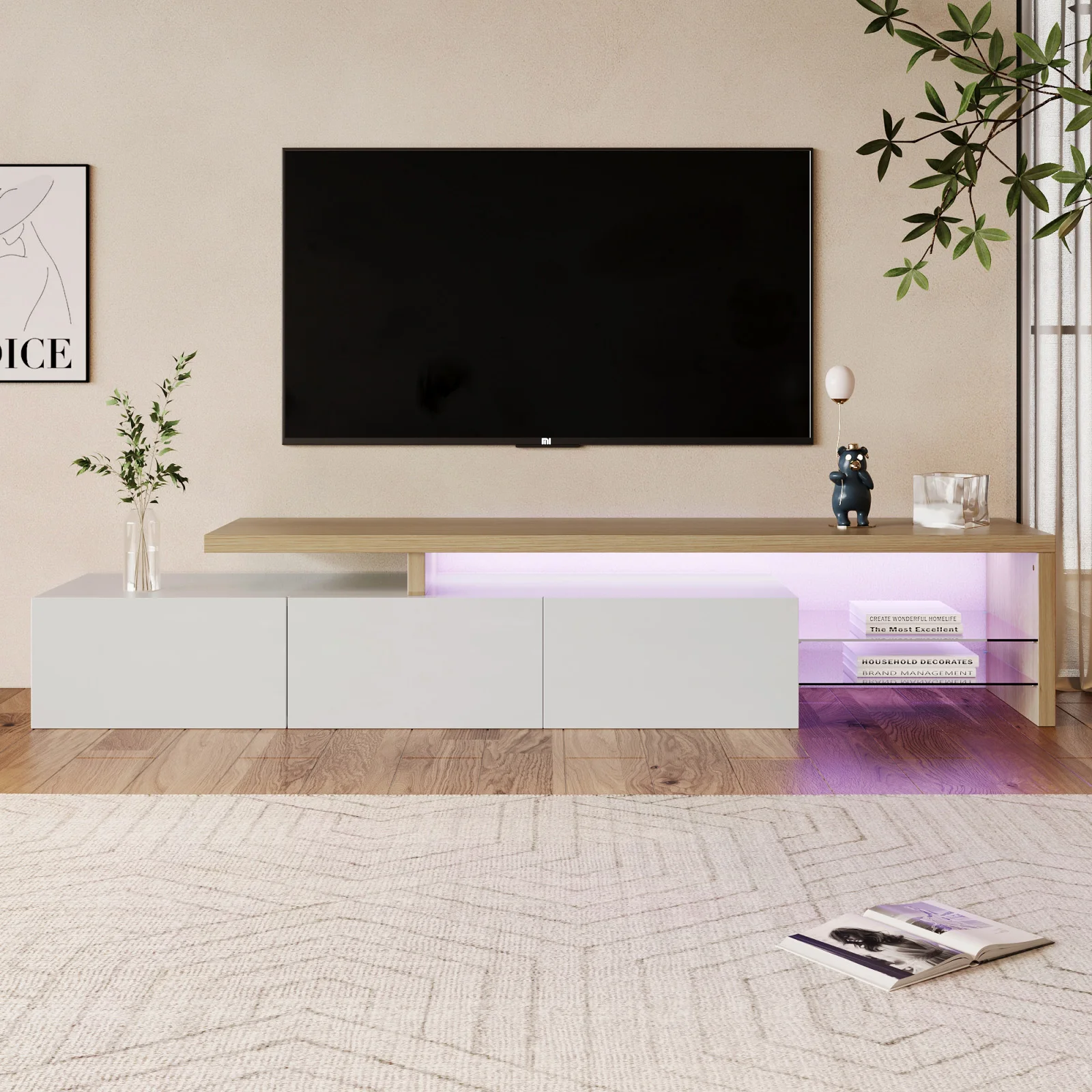 ROSAHQNDA Moderner TV-Schrank, LED-Stilvolle Wohnzimmermöbel, praktischer Stauraum, Hochglanz, Glasregale, 200 x 42 x 39 cm