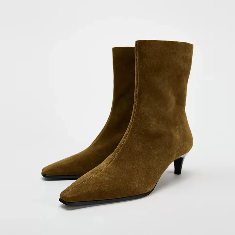 Frauen Schuhe Natürliche Wildleder Leder Slip-on High Heel Herbst Stiefeletten Karree Casual Weibliche Hohe Qualität Stiefel schuhe Frau