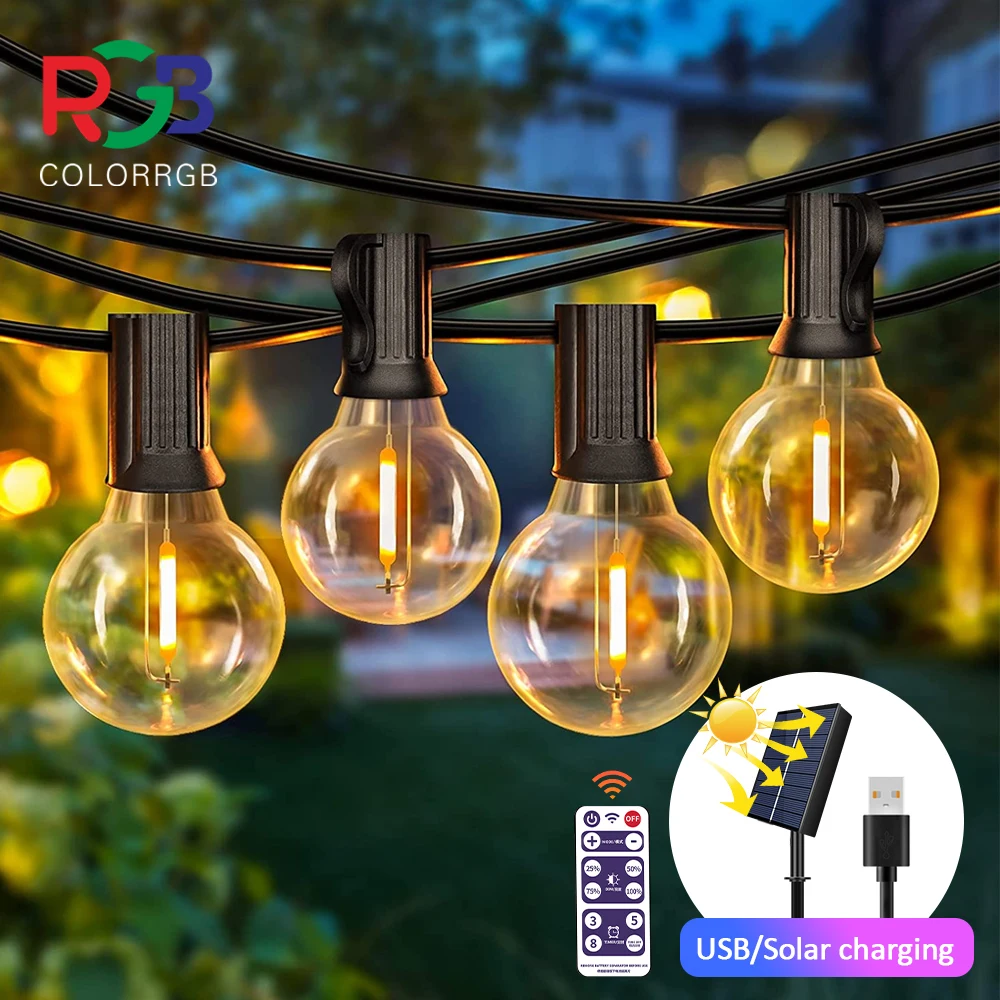 12 m 30 LEDs G40 Solar-Lichterkette für den Außenbereich, Terrassenbeleuchtung, solarbetrieben und USB-betrieben, wasserdichte Kugel-Hängeleuchten mit bruchsicherem Glas