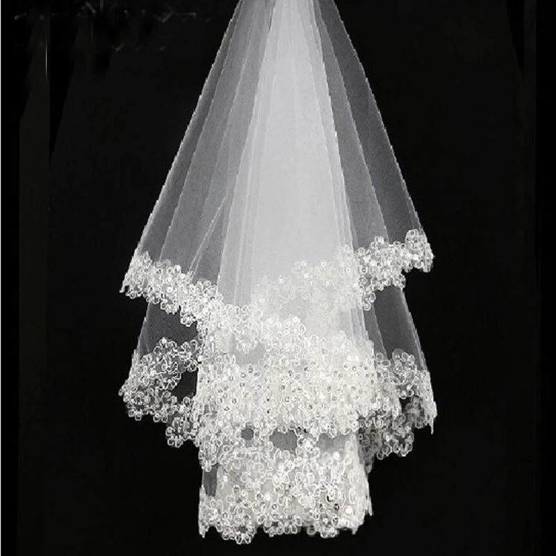 Weißer Braut-Hochzeitsschleier aus Tüll mit Paillettenrand, einstufig, mit Perlen verziert, 120 cm, Braut-Accessoire 2024 Image