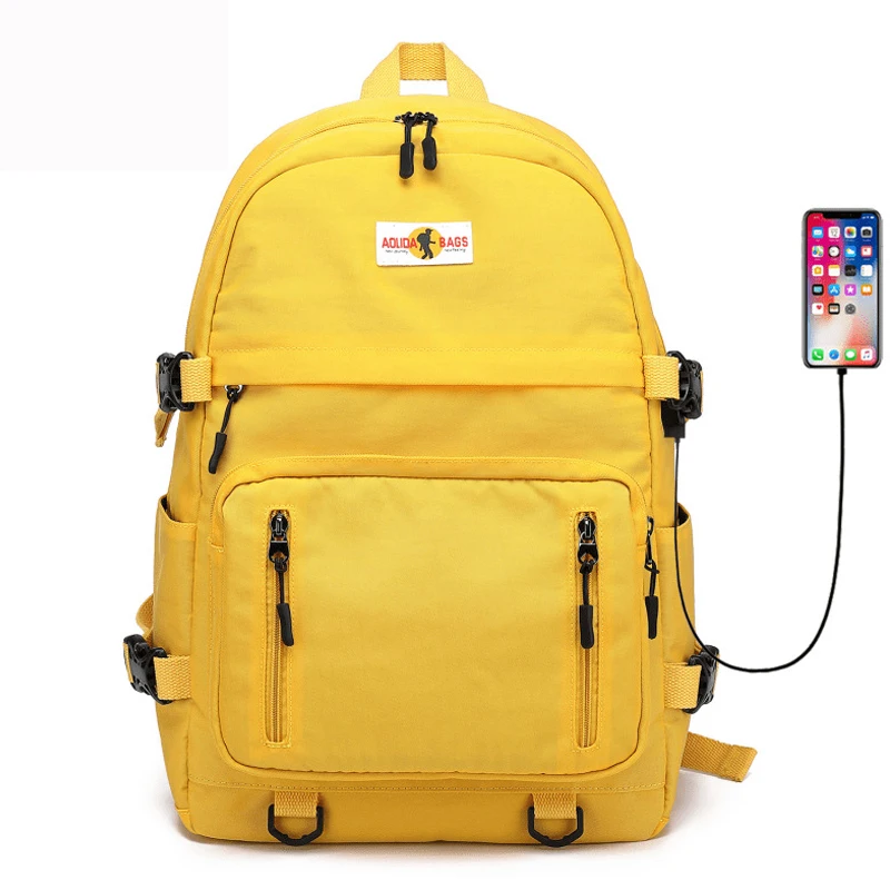 Mode Freizeit Gelb Rucksack Wasserdicht Große Schule Rucksack Für Teenager USB College Zurück pack