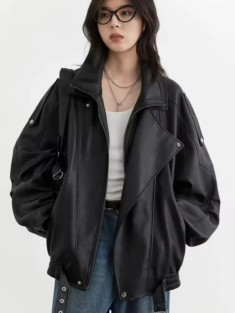 Mauroicardi Frühling Herbst Retro Schwarz Übergroßen Pu Leder Motorrad Jacke Frauen Gürtel Zipper Luxus Europäischen Mode 2025 Image