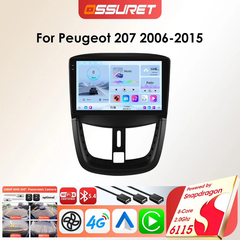 OSSURET 6115 Android Auto Radio Player für Peugeot 207 207CC SW 2006-2015 drahtlose Carplay Auto 2DIN 8 core Auto Multimedia 360 cam Image
