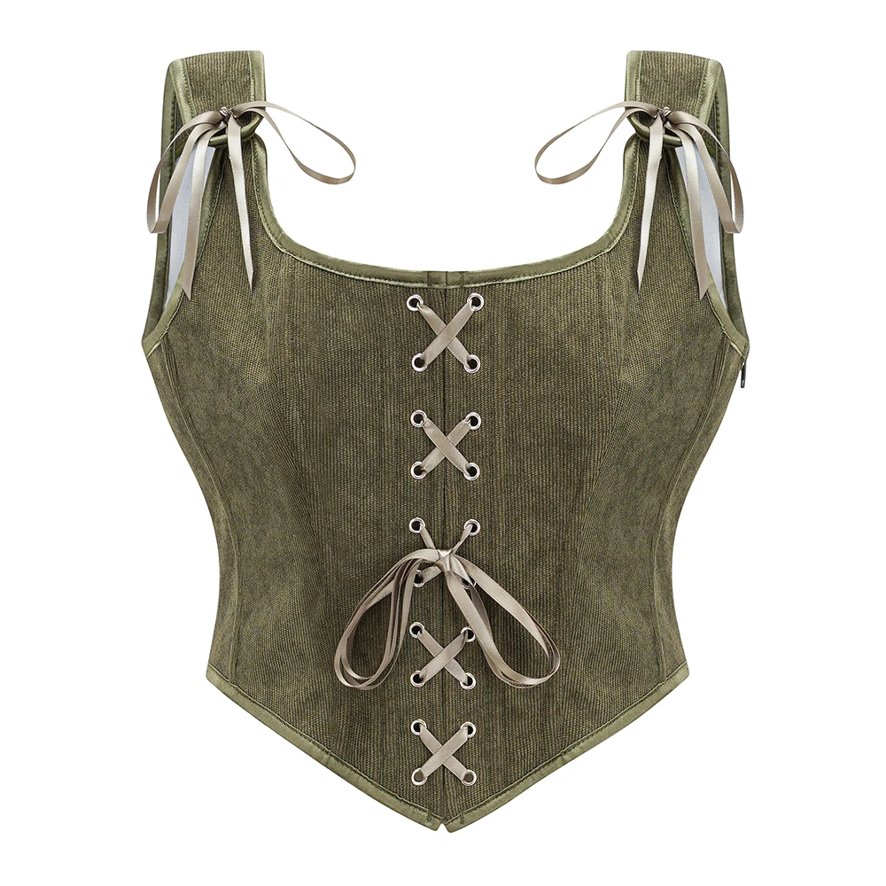 Armee Grün Viktorianischen Vintage Weste Weibliche Seite Zipper & Front Lace Up Tank Top Korsett Punk Goth Kleidung Sexy Mieder feminino