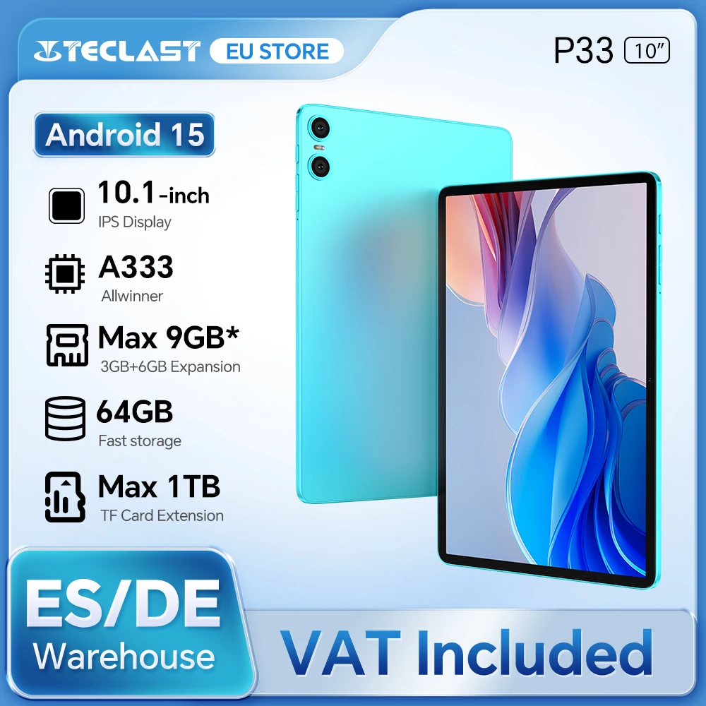 Teclast P33 10,1 Zoll Tablet, Android 15, Max 9GB RAM 64GB ROM, WLAN 6, 6000mAh Typ-C, Dual-Kamera, Metallgehäuse, Allwinner A333 Image