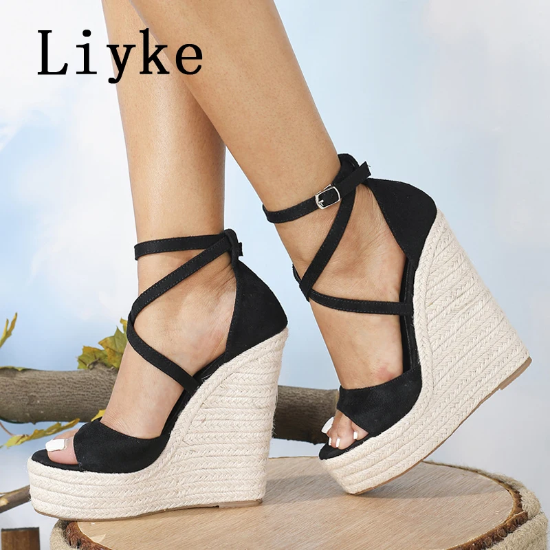 Liyke Größe 35-42 Plattform Keil Sandalen Sexy Mode Dicken Boden Offene spitze Schnalle Schwarz High Heels Frau schuhe Sommer 2026