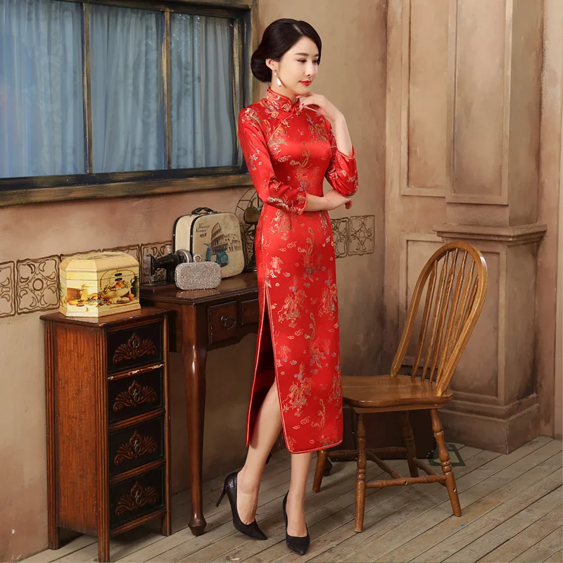 Rot Chinesische Braut Hochzeit Qipao Kleid Sexy Frauen Satin Langarm Cheongsam Drachen Phoenix Vestidos S M L XL XXL