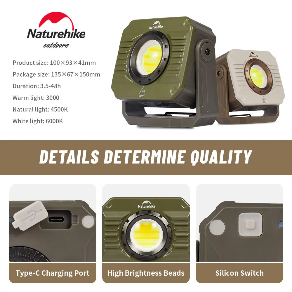 Naturehike Campinglampe Outdoor Flutlicht LED Arbeitsleuchte Wasserdicht Wiederaufladbar Tragbare Magnetische Zeltlampe 48h Ausdauer