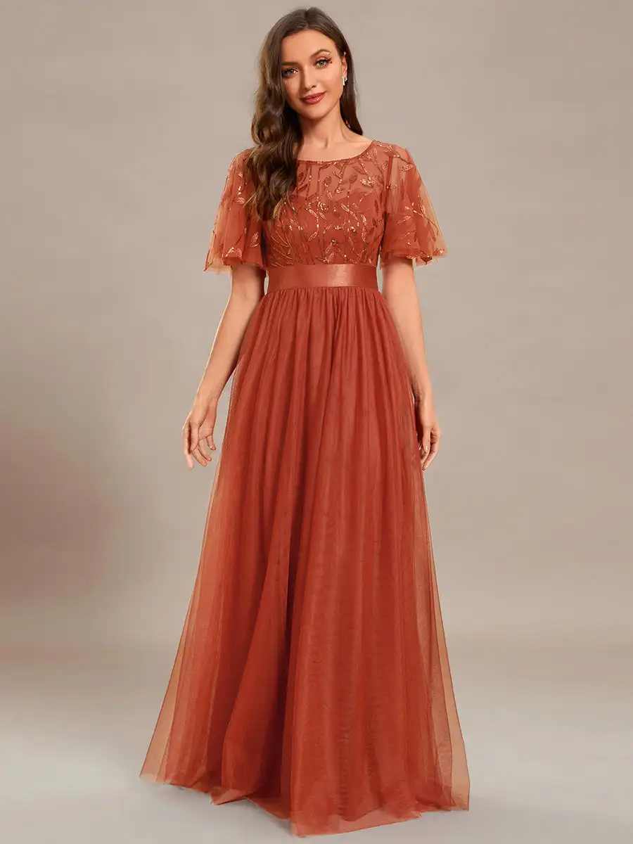 Elegante Abendkleider, Maxi-Lang mit Pailletten-Aufdruck und Flügelärmeln, A-Linie, 2025, Ever Pretty Brautjungfernkleid aus Gaze in gebranntem Orange