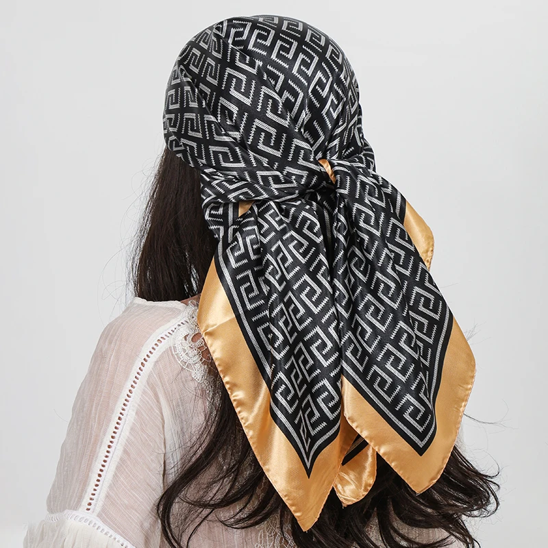 90 cm Platz Silk Schal Schal Top Headwraps Vier Jahreszeiten Haar Foulard Luxus Bandana Femme Kopftuch Frauen Wrap Hijab Zubehör Image
