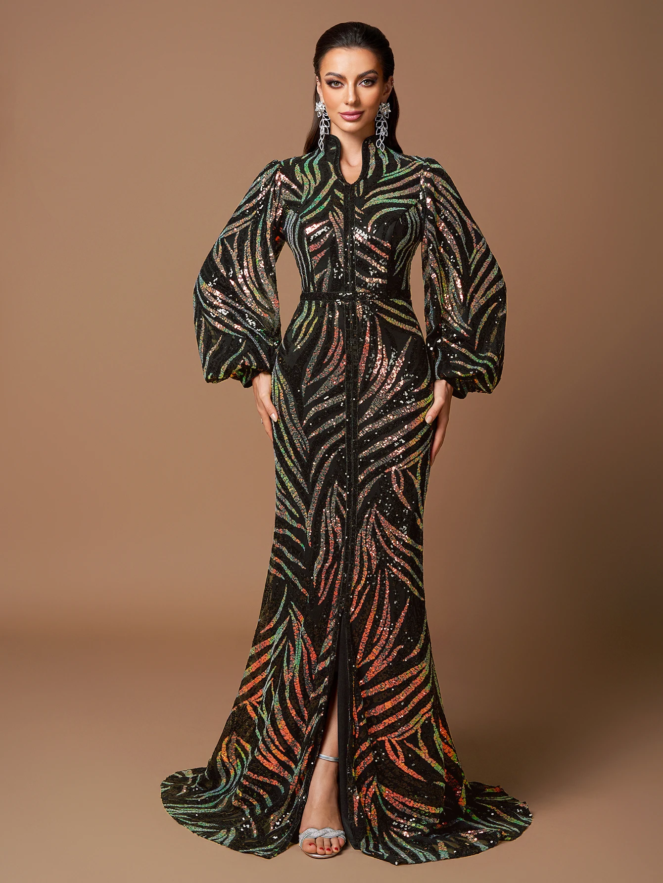 UNITHORSE Elegantes, langärmliges, perlenbesetztes Abendkleid mit Schlitz, maxi-Kleid mit zufälligem Schnitt für formelle Anlässe Image