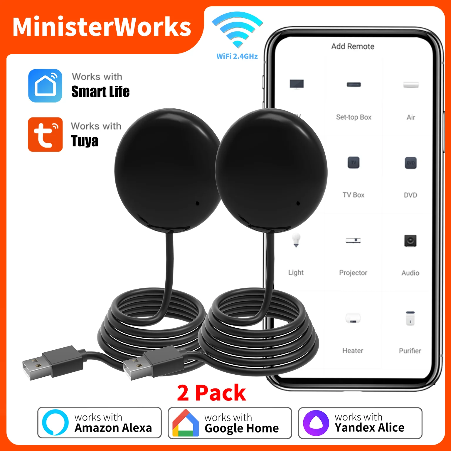 Tuya WiFi IR-Fernbedienung für Smart Home APP-Fernbedienung für TV DVD AUD AC-Fernbedienung funktioniert mit Alexa Google Home Yandex Alice 2-PACK Image