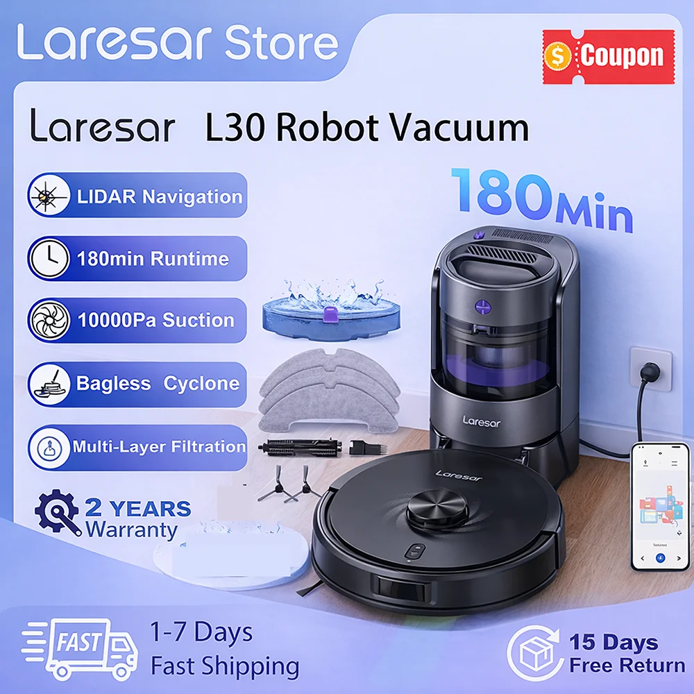 Laresar L30 Roboter-Staubsauger 10000Pa 180 Min LiDAR-Navigation Beutellose Zyklonsaugung 65 Tage Staubkapazität Versand aus PL Image