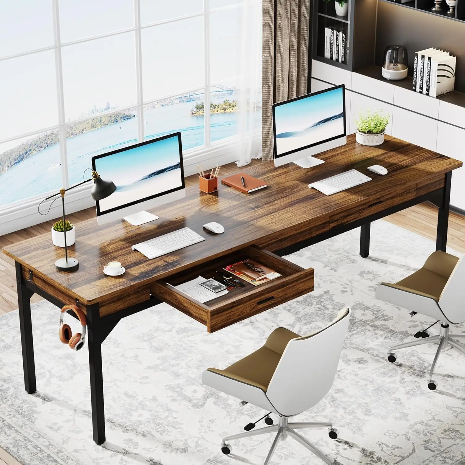 Computertisch, 200 x 60 x 82 cm, doppelter langer Schreibtisch mit 2 Schubladen, Bürotisch, Arbeitstisch, Büromöbel