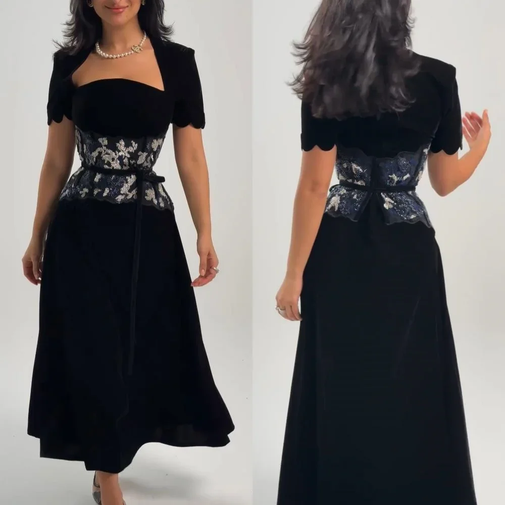 Maßgeschneiderte A-Linie-Abendkleider mit Perlenstickerei, quadratischer Ausschnitt, Ballkleider, kurze Ärmel, besondere Anlässe, Hochzeit, Gala, Abend, Partykleid Image