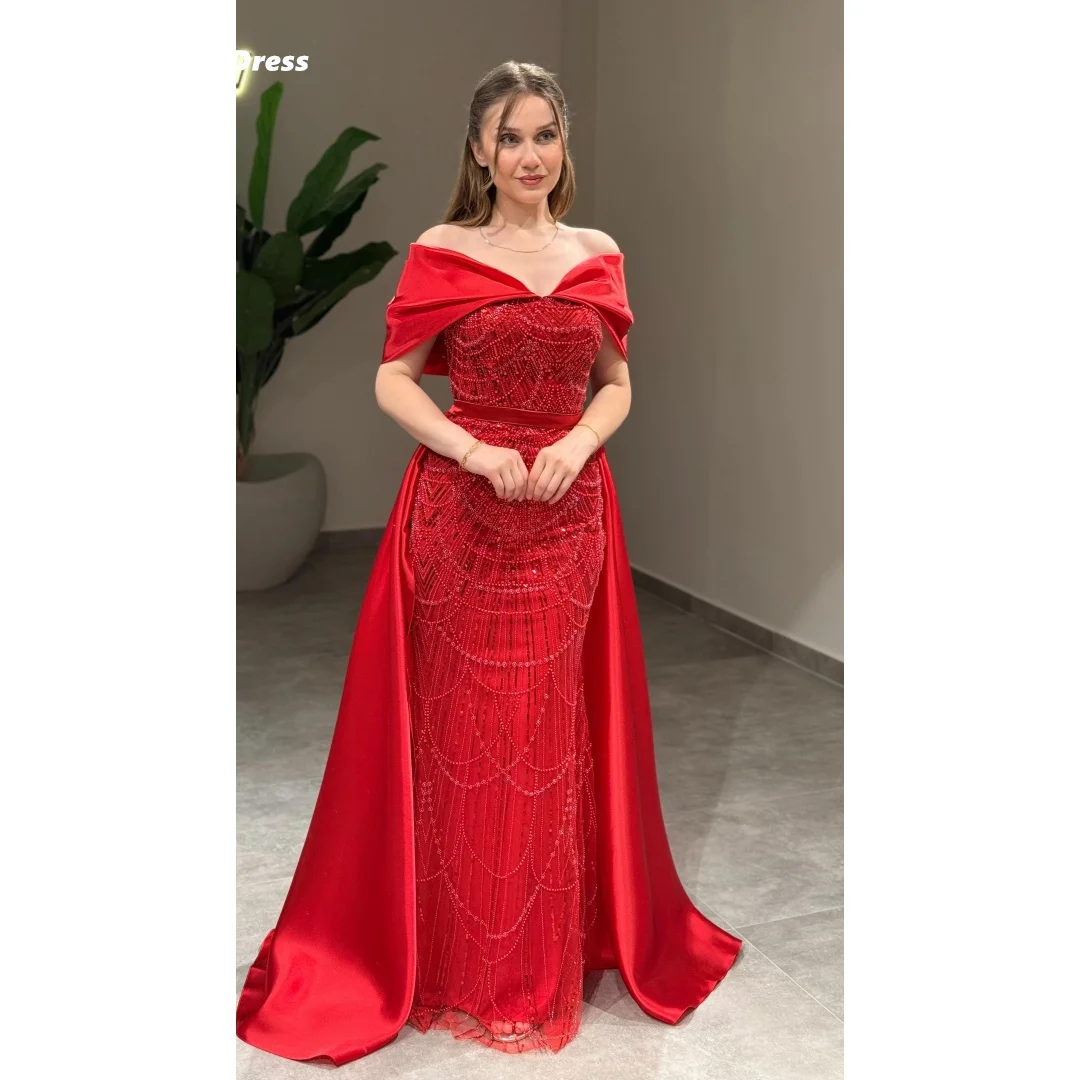 Lena Elegante Partykleider für besondere Anlässe, rote Ballkleider 2025, luxuriöses Ballkleid mit Perlen, maßgeschneidert, schulterfreier Abend