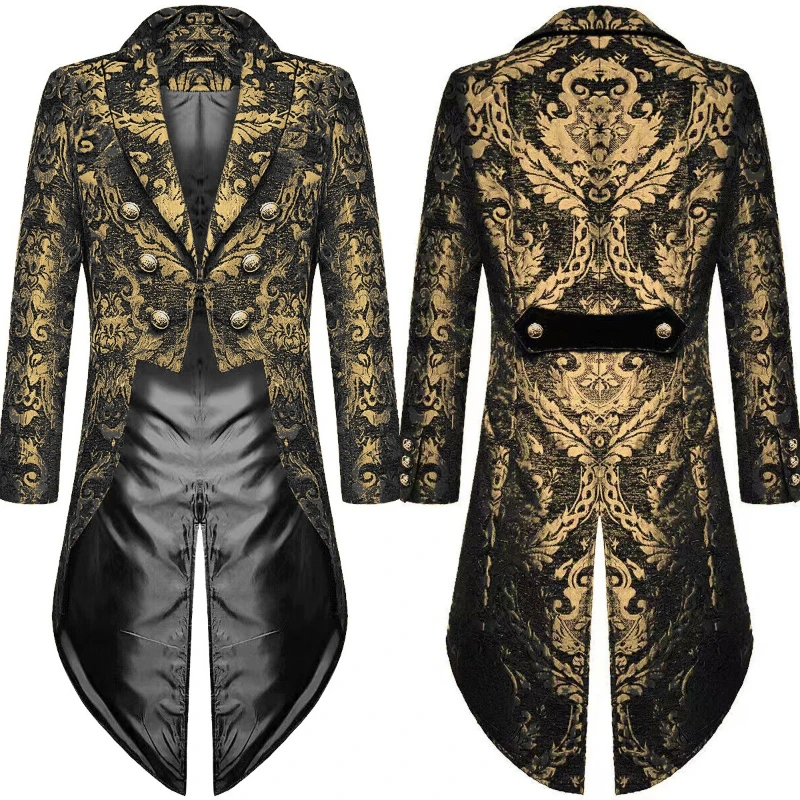 2026 Mode Gold Jacquard Eleganter Smoking für Männer, Schwarzer Gothic Vintage Herren Frack, Urlaub Party Bühne Leistung Männer Jacke