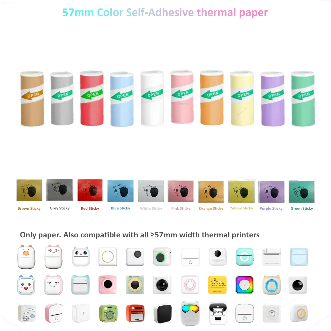 Farbetikettenaufkleber, Mini-Drucker, Thermopapier, 57 mm, 10 Fuß, selbstklebendes Thermodruckpapier für tintenloses Drucken von Fotos und Bildern Image