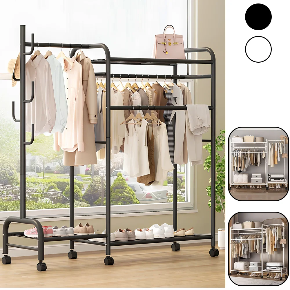 Kleiderstange, Garderobe, bewegliches Kleiderregal mit mehreren Schienen, bodenstehender Kleiderbügel, Schlafzimmer-Kleiderständer
