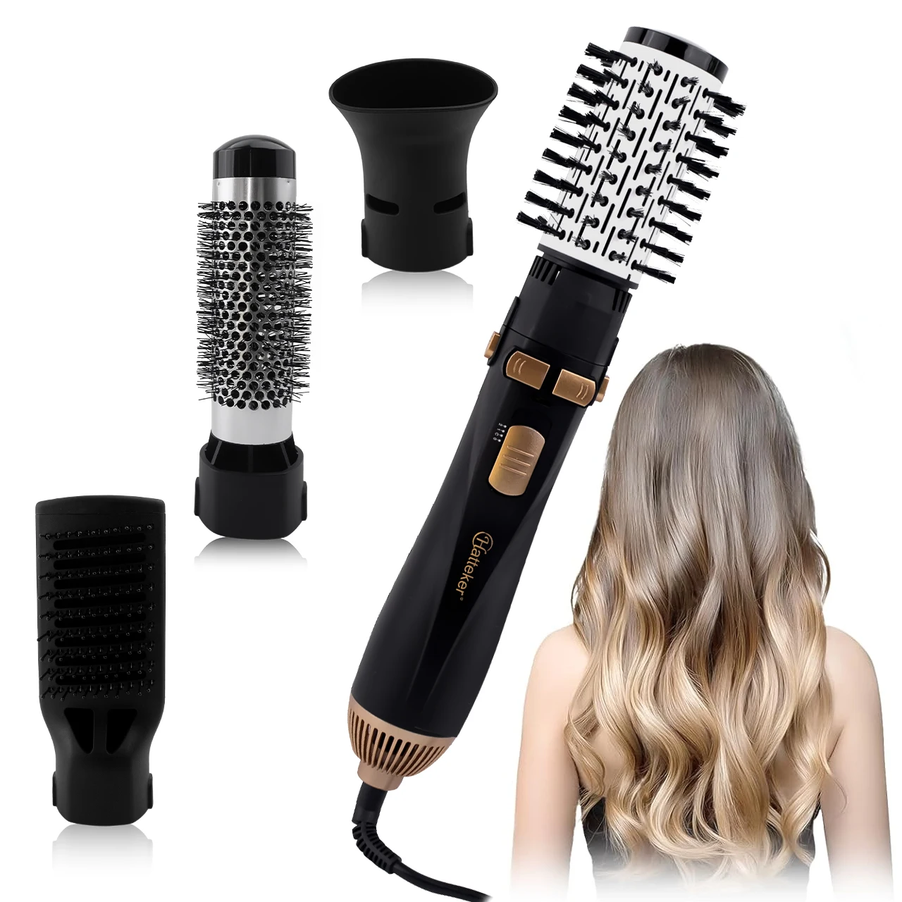 Hatteker EU 4-Kopf Heißluft Pinsel Haartrockner Starker Wind Elektrische Haarglätter Curler Roller Kamm Gebläse Styling Werkzeug für Frau Image