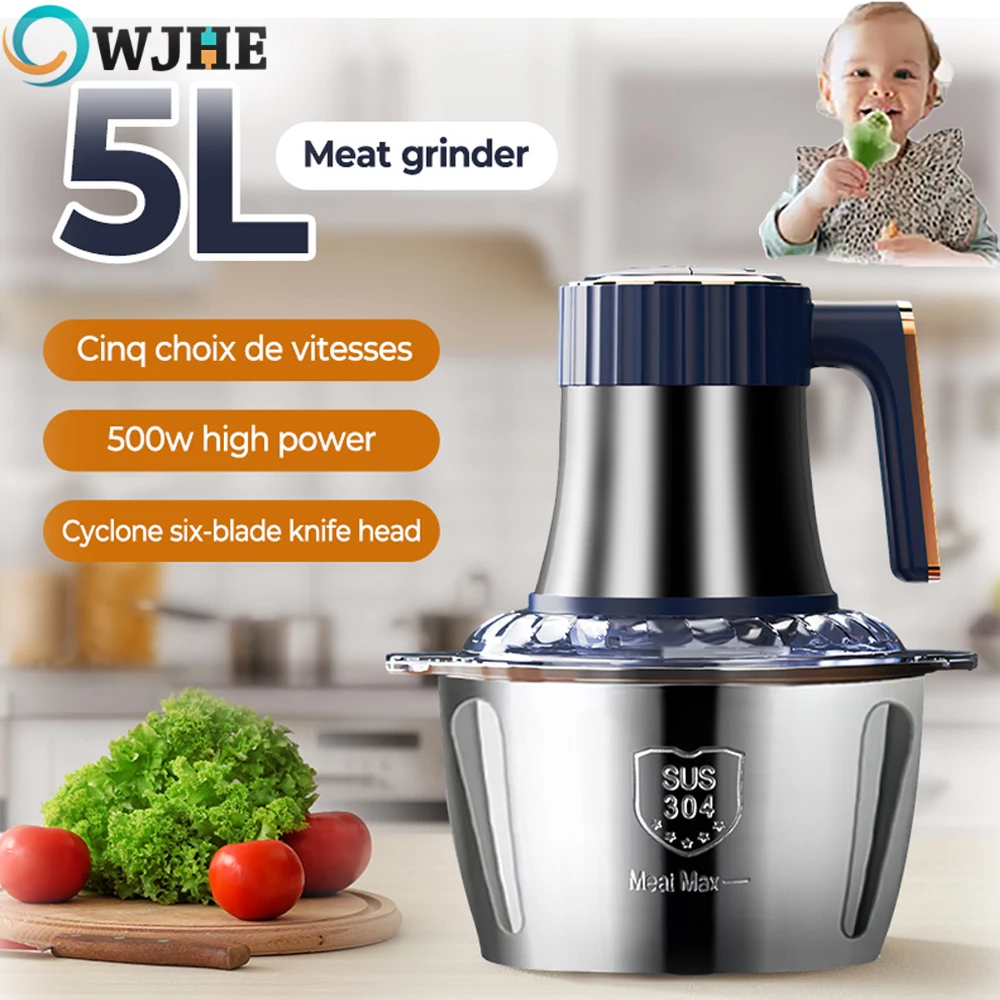 OWJHE Elektrische Fleischwölfe, 5 l, Lebensmittelzerkleinerer, Edelstahl, multifunktionaler Gemüseschneider, Prozessor, Zerkleinerer, Küchenmixer Image