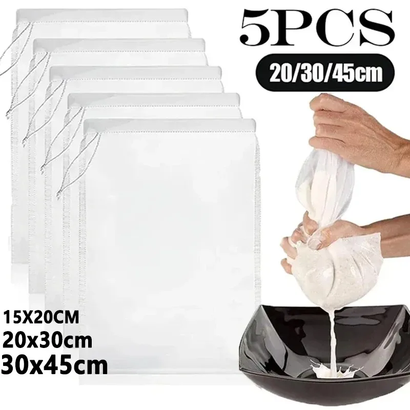 1/5 Stück Wiederverwendbare Nussmilchbeutel, ungebleichte Nylon-Käsetücher, Lebensmittel-, Käse- und Joghurtfilter, feinmaschiges Küchensieb Image