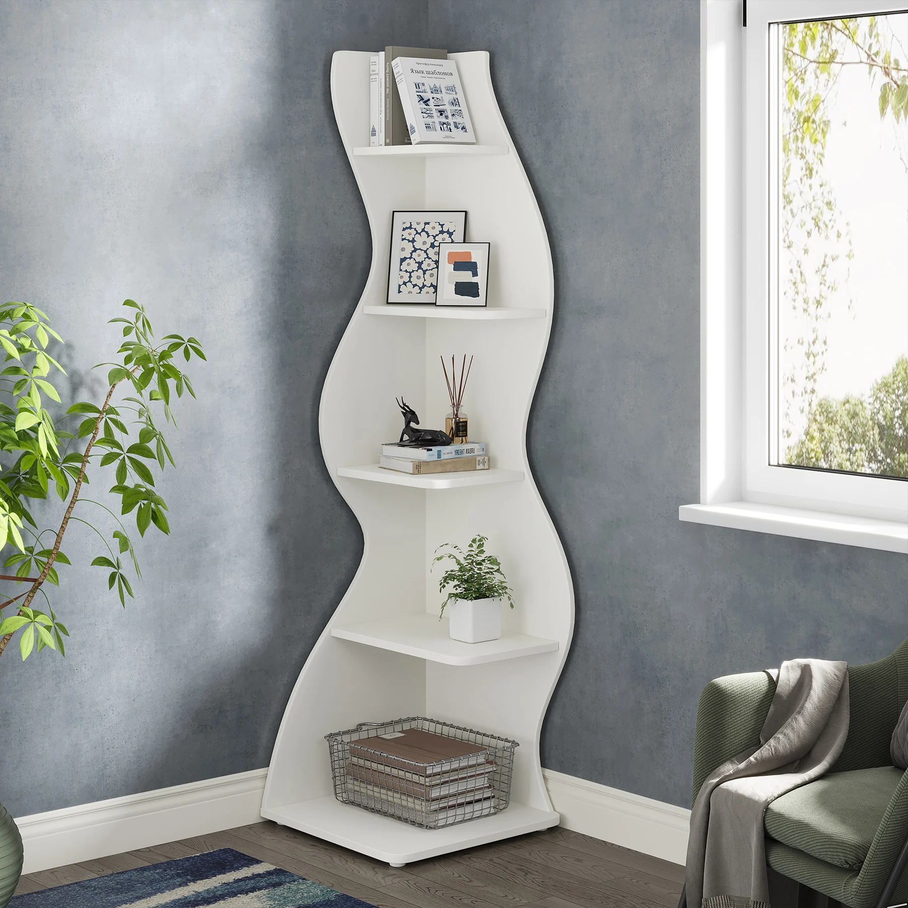 Tribesigns Eckregal, modernes 5-stöckiges Wand-Eck-Bücherregal, stilvolles kleines Eck-Bücherregal, Aufbewahrungsregal, Pflanzenständer Image