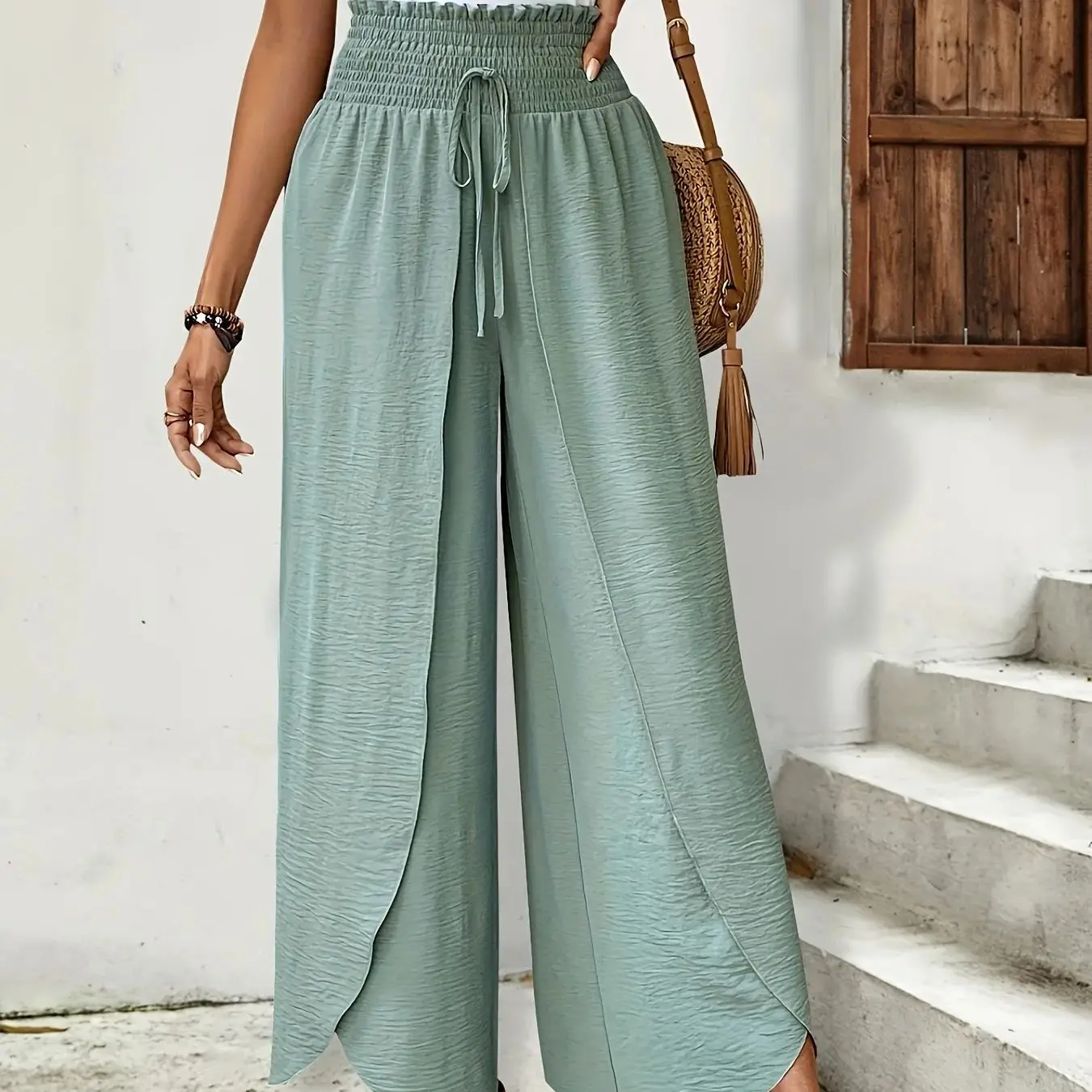 Damen-Hose mit hoher Taille und weitem Bein, gesmokt, Kordelzug, geteilte Hose, Salbeigrün, fließend, lässig, Strand, Bohemian-Sommersurlaub Image