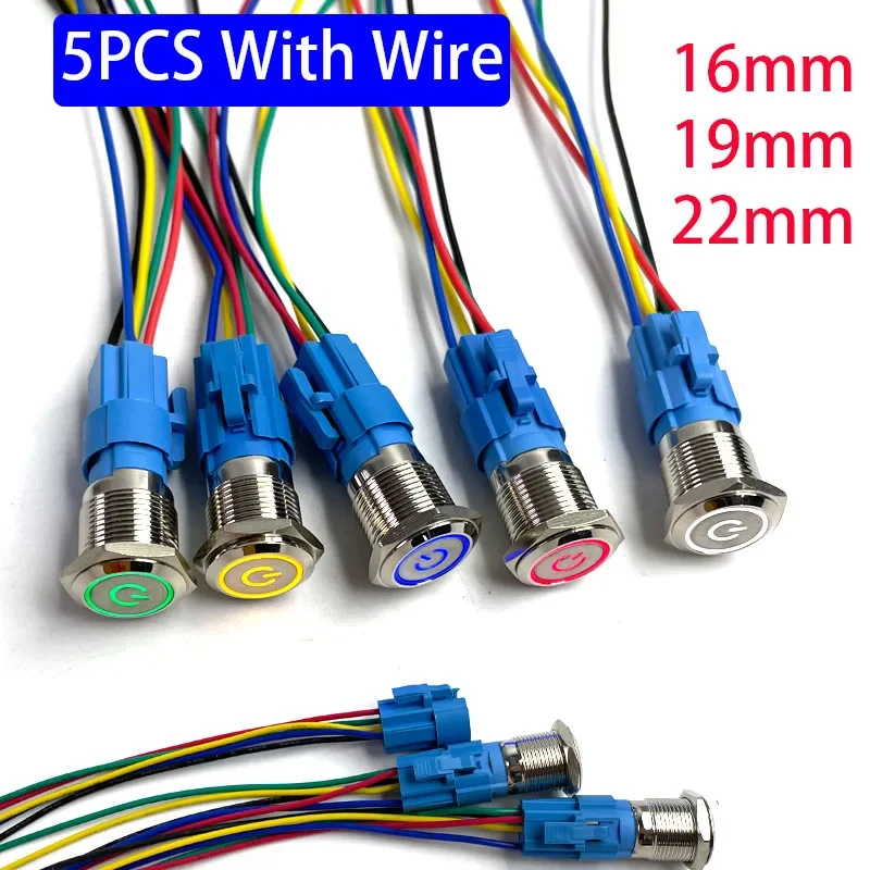 5 Stück Metall-Drucktastenschalter 12 V 16 mm 19 mm 22 mm Ringlampe Stromsymbol Wasserdichtes LED-Licht Selbstsperre-Reset mit Stecker 220 Image