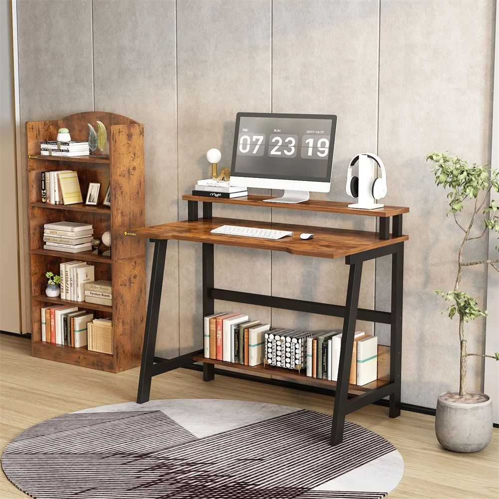Computer-Tisch, Schreibtisch, platzsparender PC-/Laptop-Tisch, Bürotisch mit Regalen, zweistufiger Arbeitstisch, Laptop-Tisch