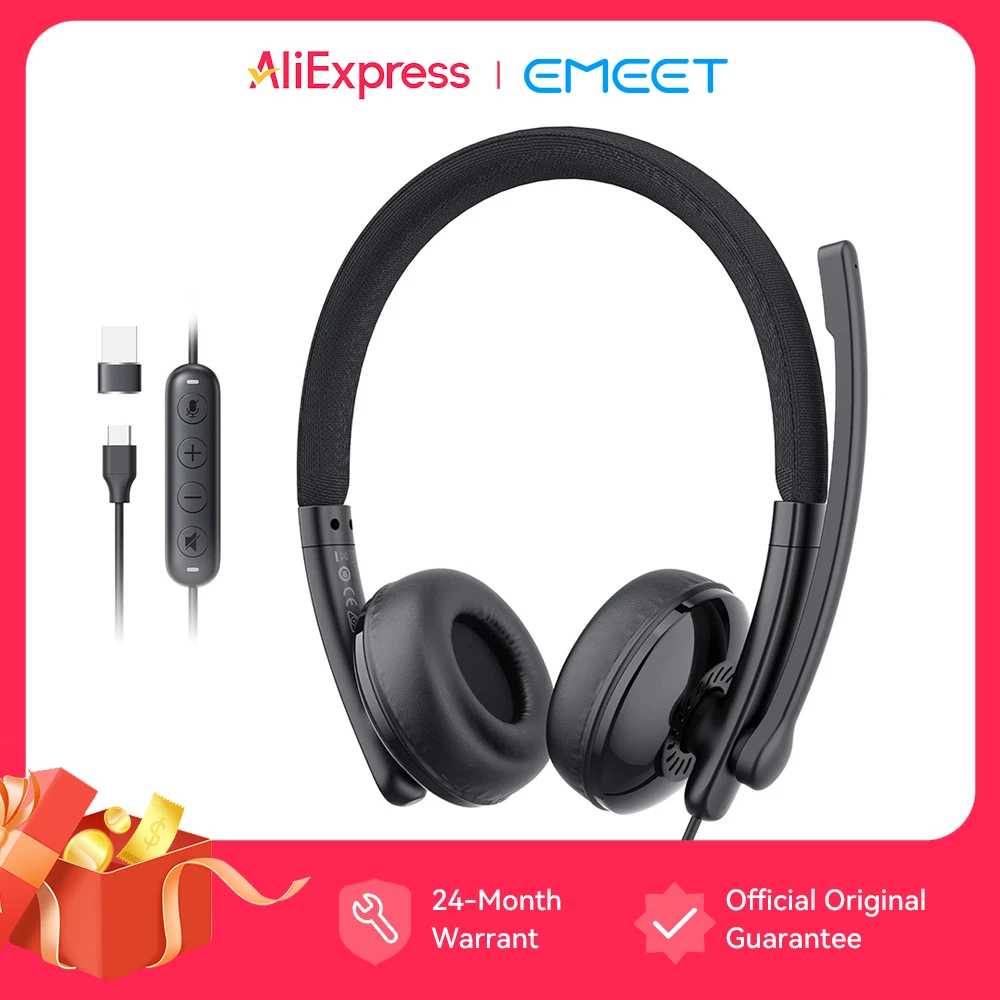 EMEET Kabelgebundenes Headset mit Mikrofon, Call-Center, USB-Kopfhörer, ENC-Kopfhörer mit Geräuschunterdrückung, Bürokabel für Telefon/PC, Computer
