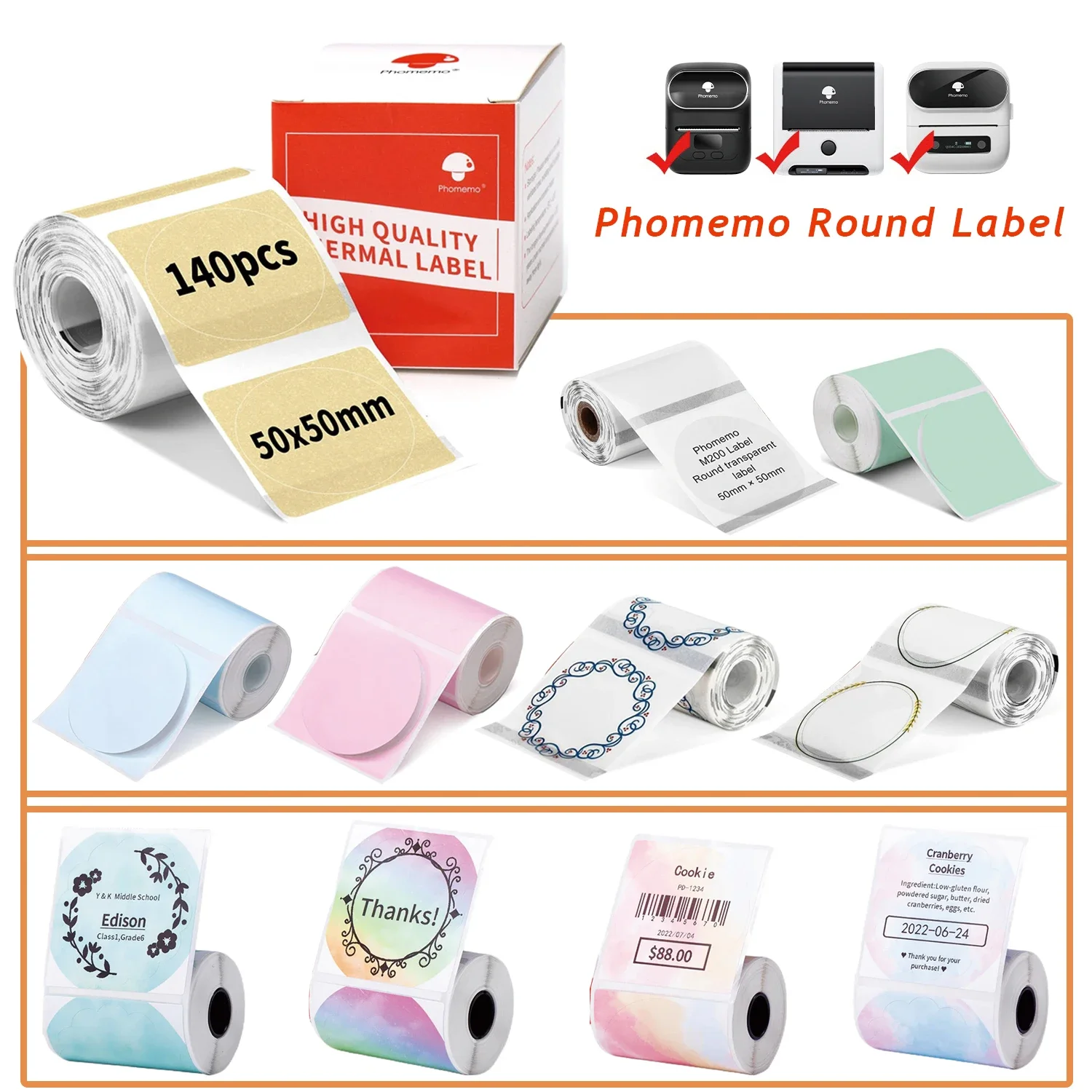 Phomemo Selbstklebendes, rundes, weißes, transparentes Etikett in reiner Farbe für M110/M220/M200/M120/M221 für DIY-Logo-Design, QR-Code-Versand Image