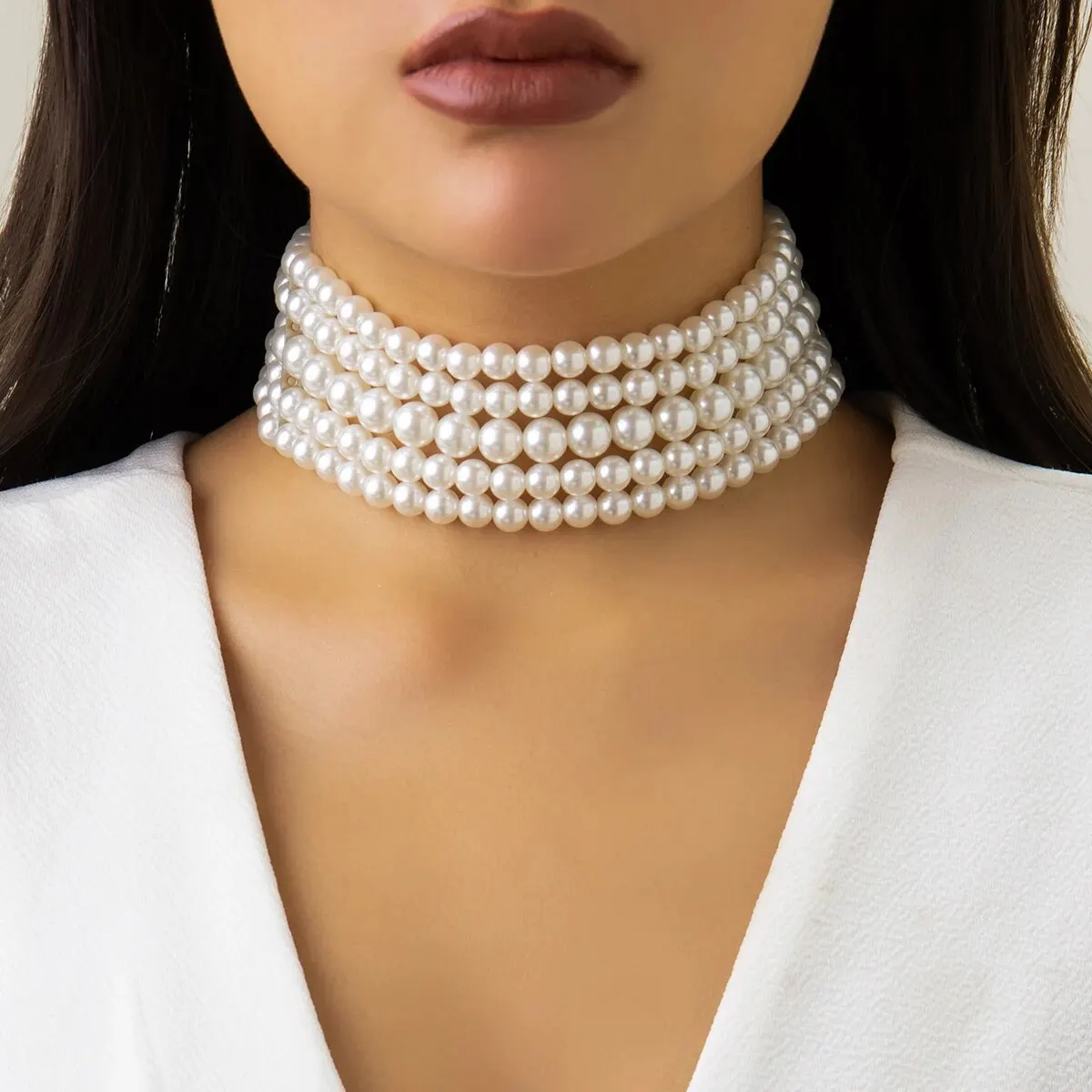 Vintage Imitation Perle Mehrschichtige Halskette Oval Beasds Halsband Eleganter Kragen für Damen Kette Schmuck Accessoires Party Geschenk Image