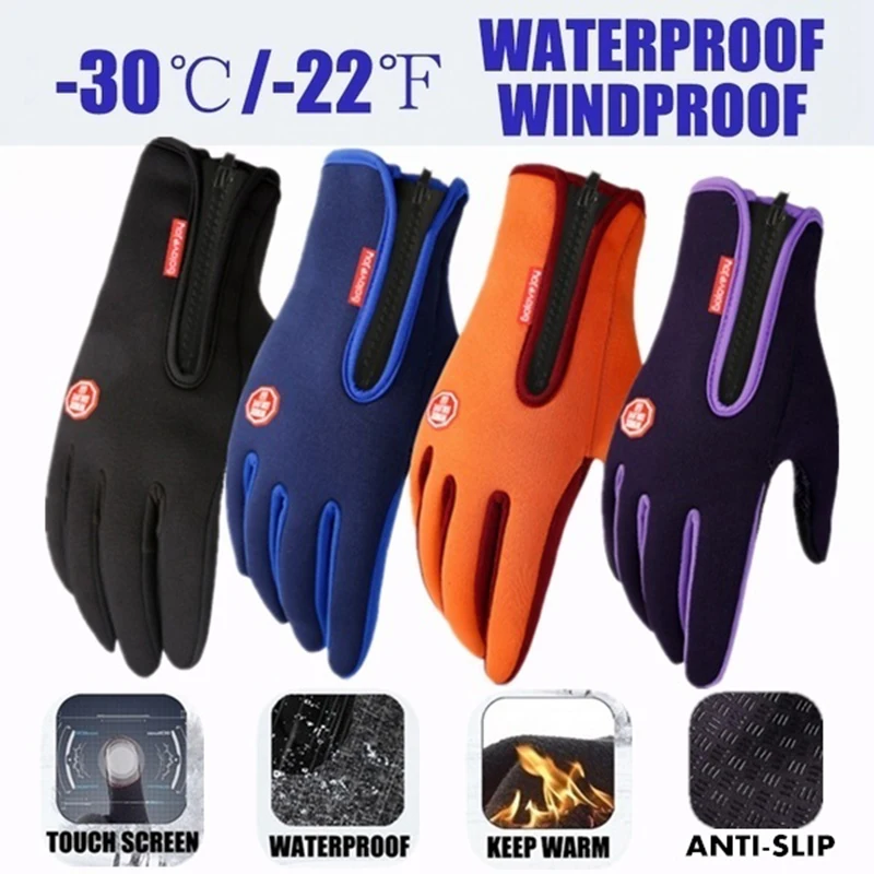 Warme Winterhandschuhe für Herren, Touchscreen, wasserabweisend, winddicht, für Ski, Outdoor, Sport, Radfahren, Fahren, Reißverschluss, schwarze Handschuhe für Damen Image
