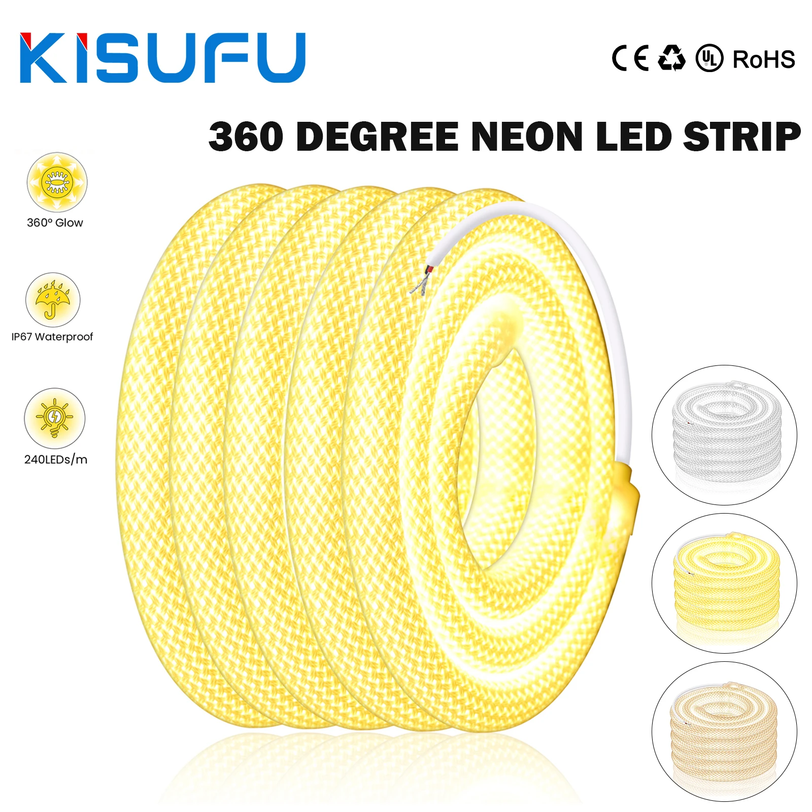 360 Grad runder, retikulierter Neon-LED-Streifen, DC 12 V, 24 V, 240 LEDs/m, natürliches, warmweißes, wasserdichtes, flexibles Silikonschlauch-Neonstreifen Image
