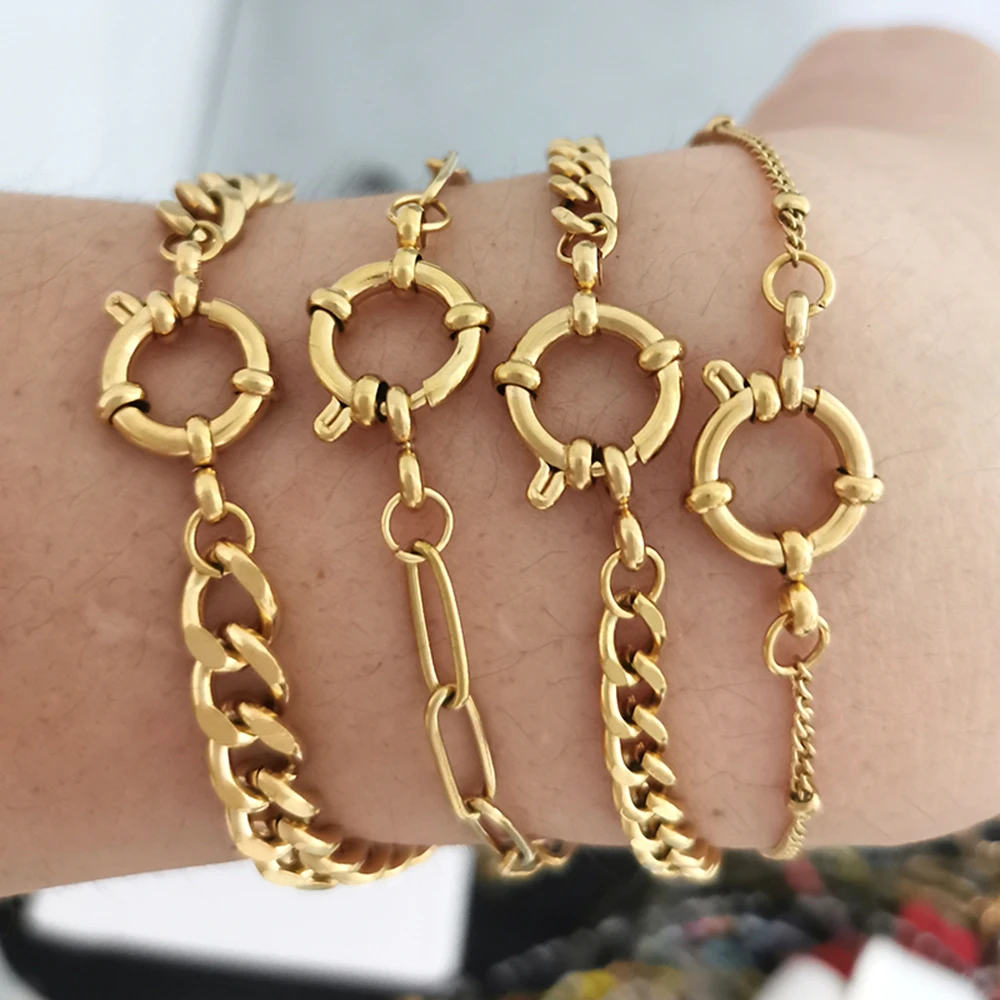 QMHJE Edelstahl Armband Frauen Männer Anker Verschluss Perlen Kette Sailor Rad Geometrische Link Grundlegende DIY Gold Silber Farbe Punk